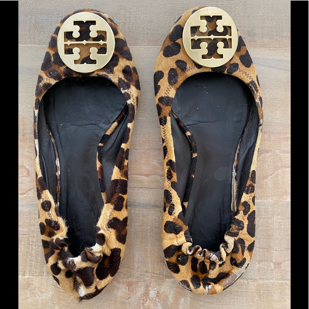 Tory Burch calf hair Animal Print leopard ballet flats gold accent